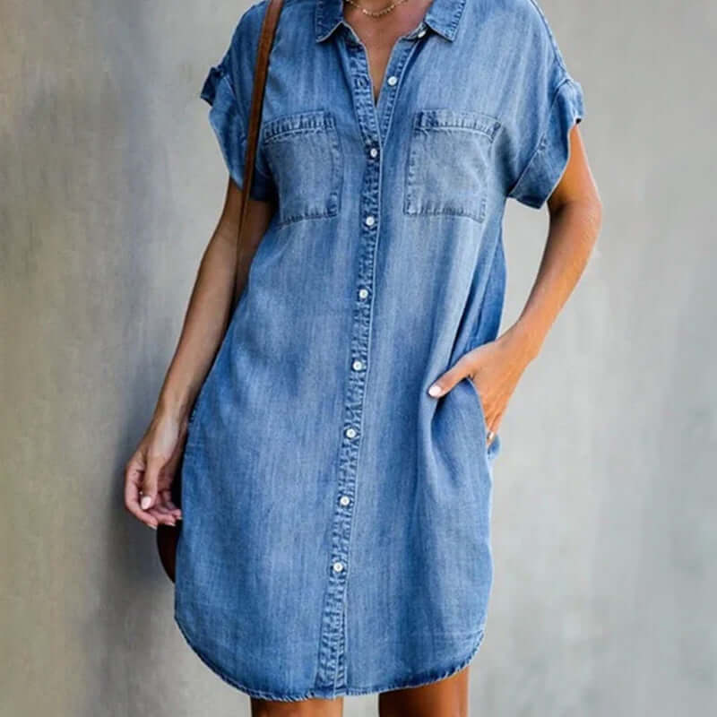 Robe Chemise Femme En Denim Manches Courtes - Sybille – Bleu clair