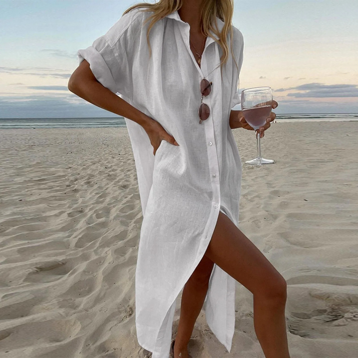 Élodie - Robe Chemise Avec Fentes Hautes Et Détails De Boutons Élégants