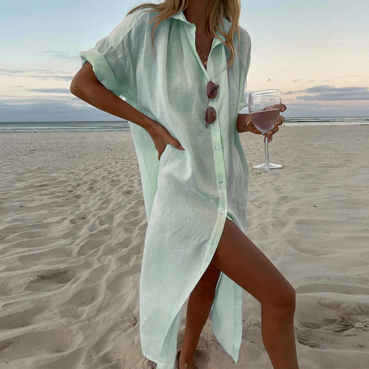 Élodie - Robe Chemise Avec Fentes Hautes Et Détails De Boutons Élégants