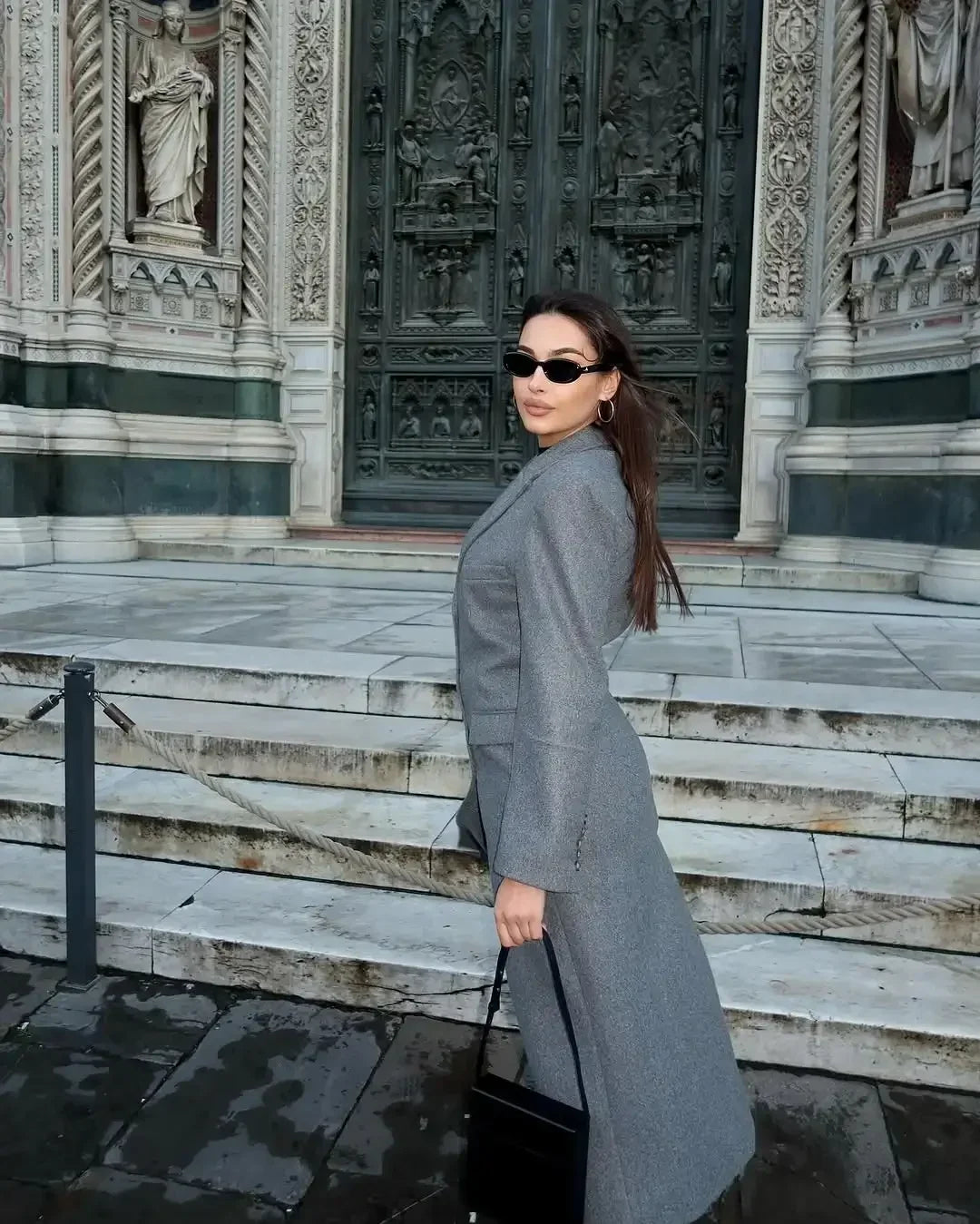 Manteau Long Femme Ceinturé à Col Revers