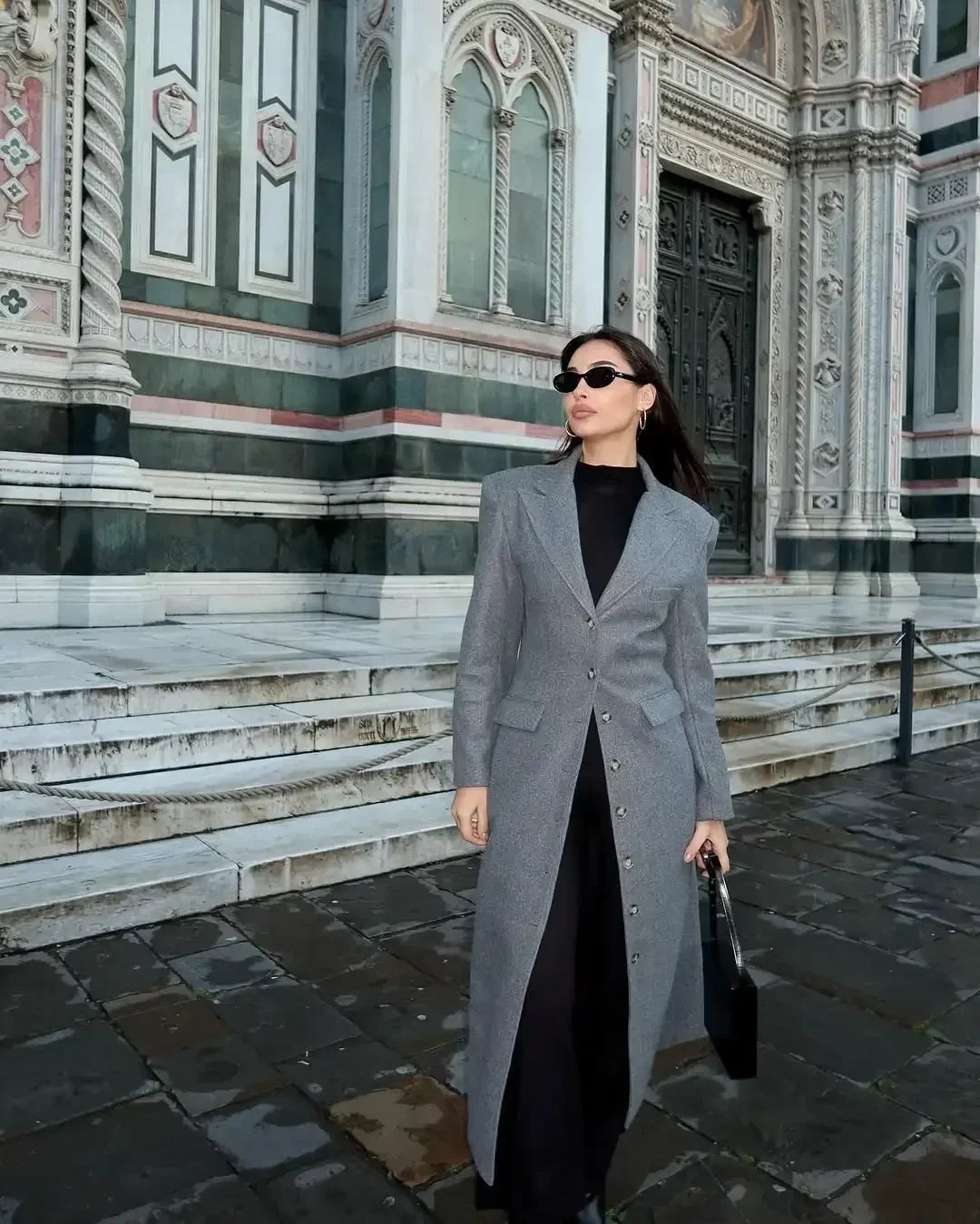 Manteau Long Femme Ceinturé à Col Revers