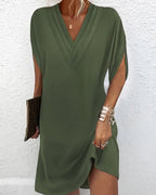 Zéphyrine - Robe Élégante À Manches Fendues Et Coupe Fluide Monochrome – Vert armée