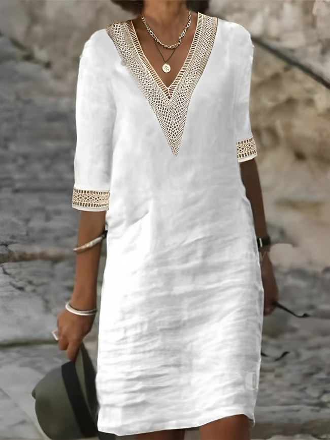 Aurélie - Robe Lin Col V Crochet Femme – Blanc
