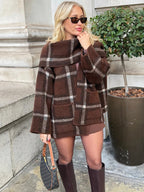 Manteau Court Tricoté à Carreaux avec Écharpe