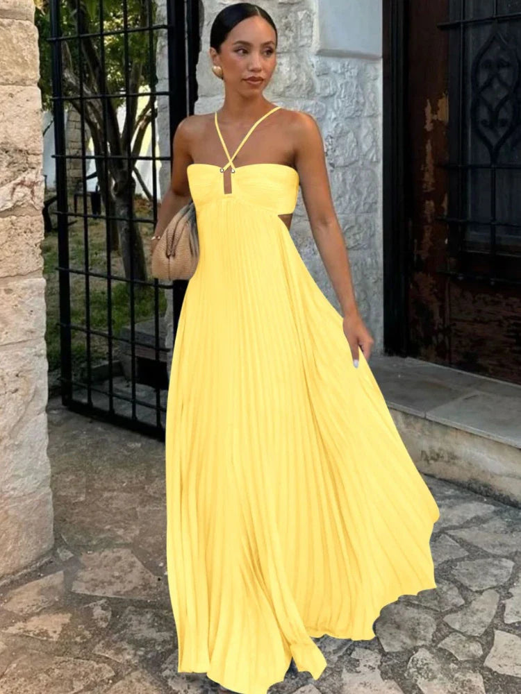 Camille | Robe Maxi Plissée Col Halter Tendance Élégant
