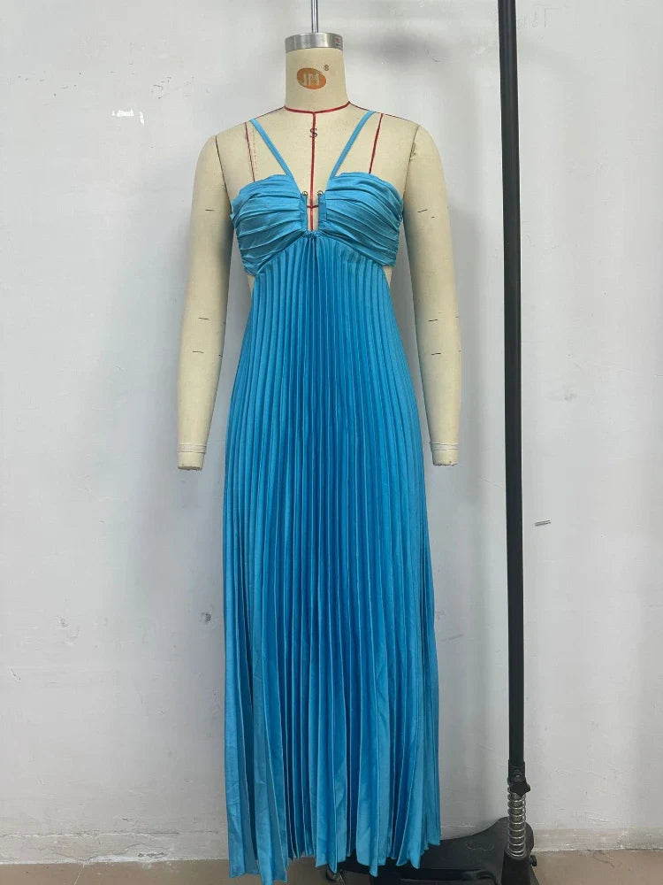 Camille | Robe Maxi Plissée Col Halter Tendance Élégant