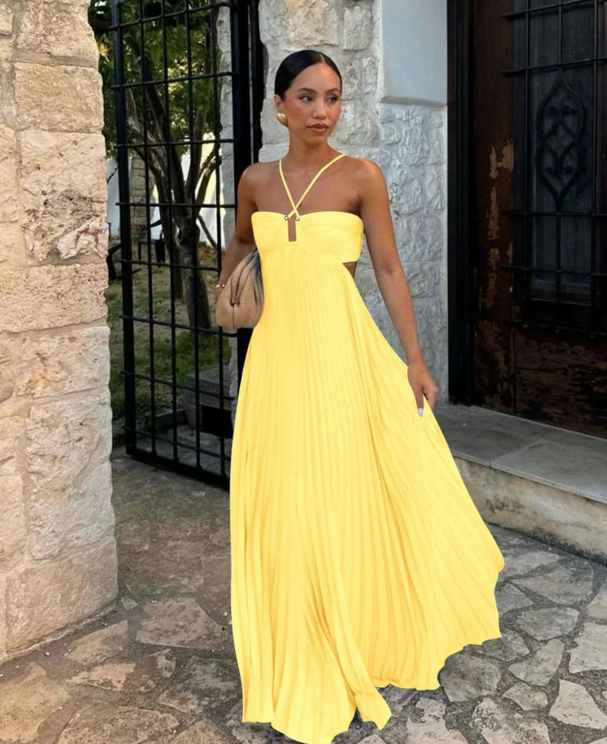Camille | Robe Maxi Plissée Col Halter Tendance Élégant