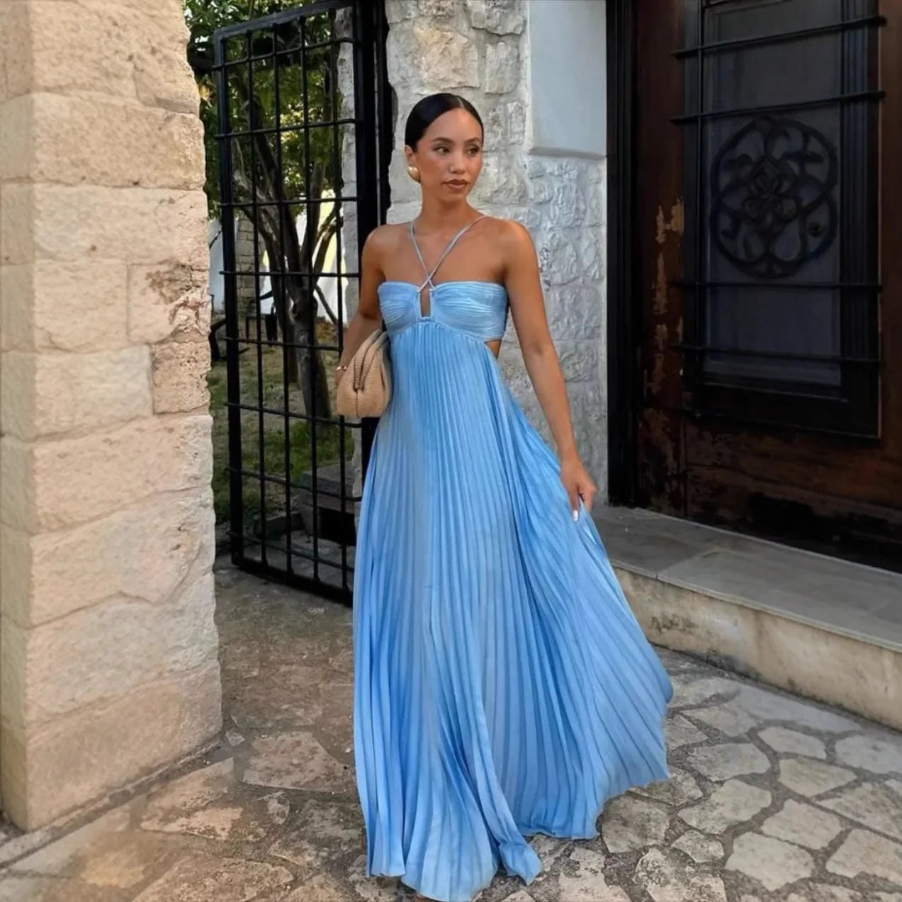 Camille | Robe Maxi Plissée Col Halter Tendance Élégant