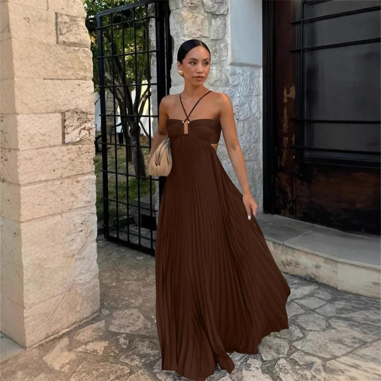 Camille | Robe Maxi Plissée Col Halter Tendance Élégant