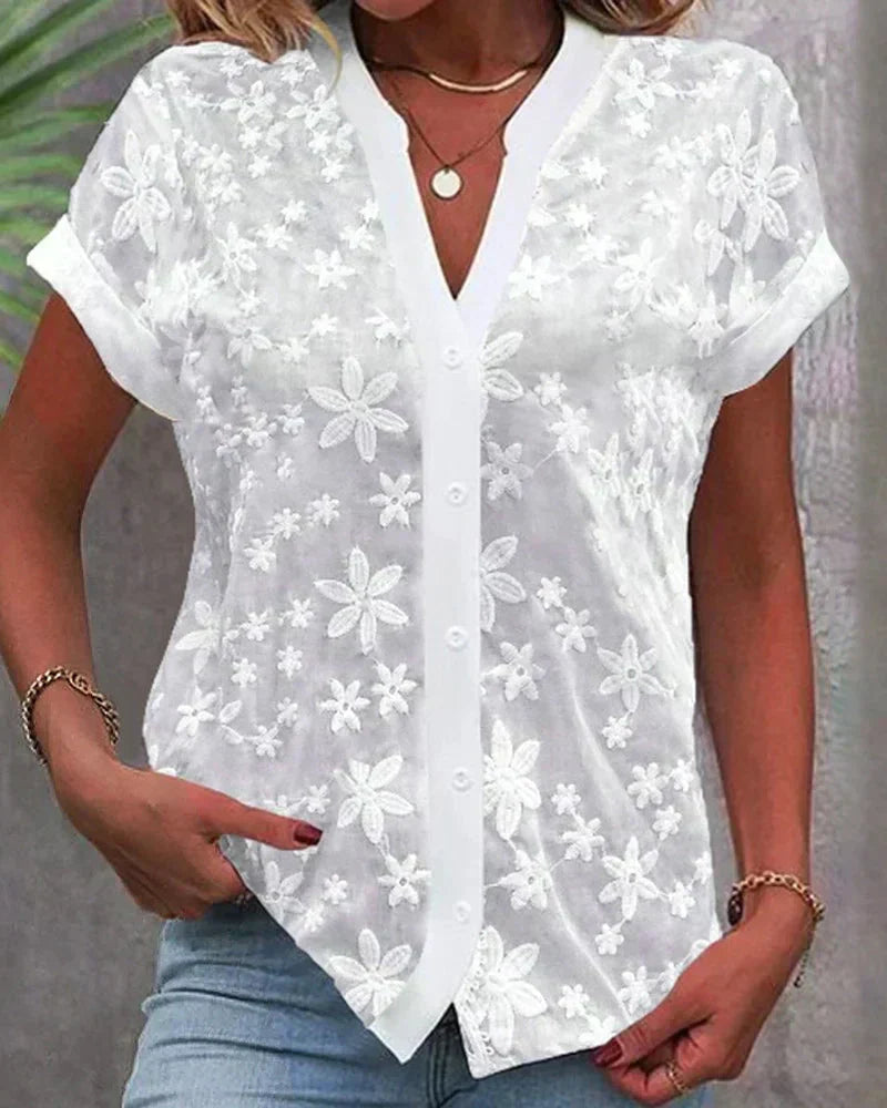 Blouse Femme Brodée Col V Manches Courtes - Solène – Blanc
