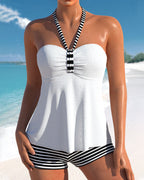 Chloé - Tankini Avec Col Licou Et Imprimé Rayé Tendance – Blanc