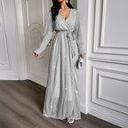 Robe Longue Femme à Sequins Brillants & Manches Bouffantes