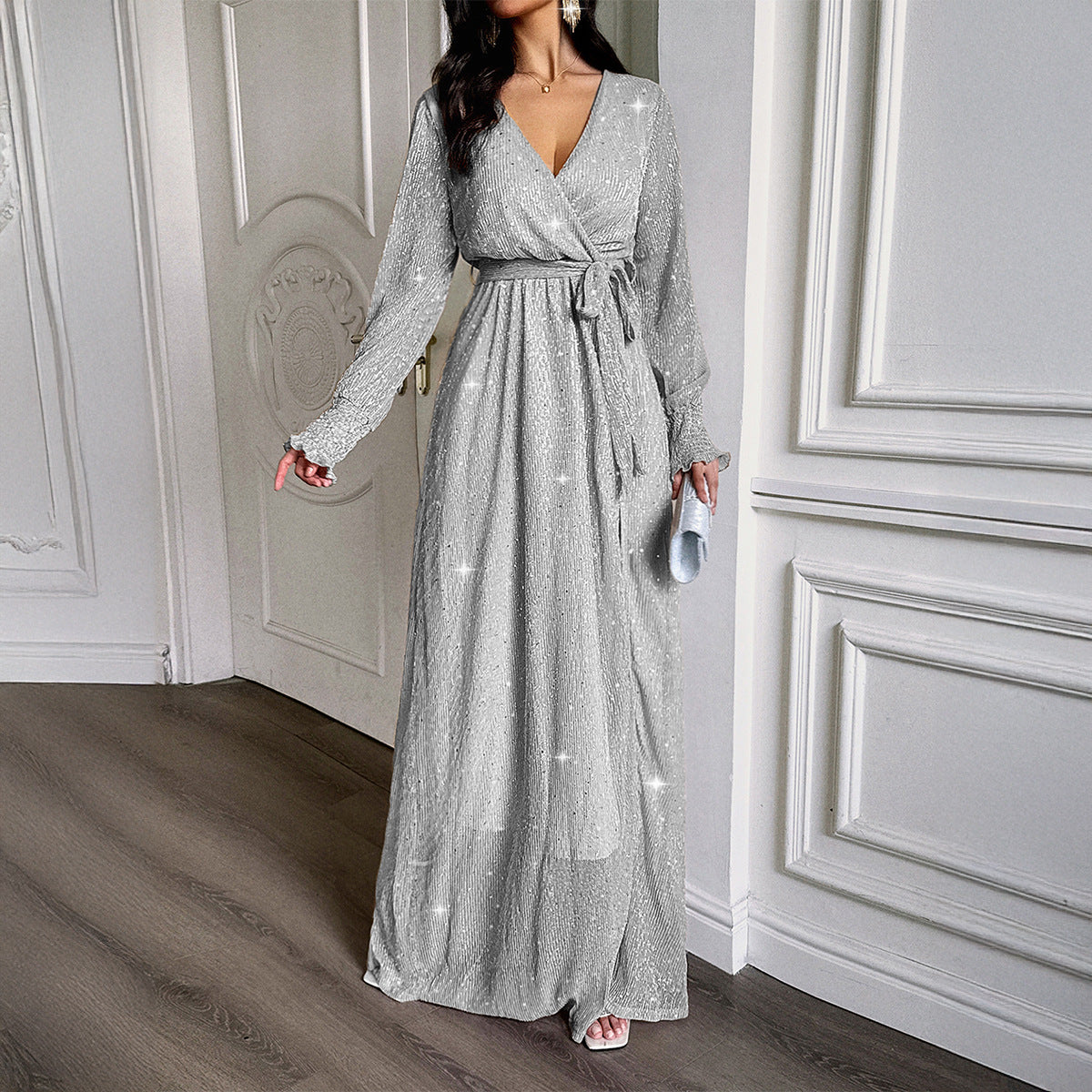 Robe Longue Femme à Sequins Brillants & Manches Bouffantes