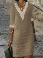 Aurélie - Robe Lin Col V Crochet Femme