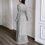 Robe Longue Femme à Sequins Brillants & Manches Bouffantes