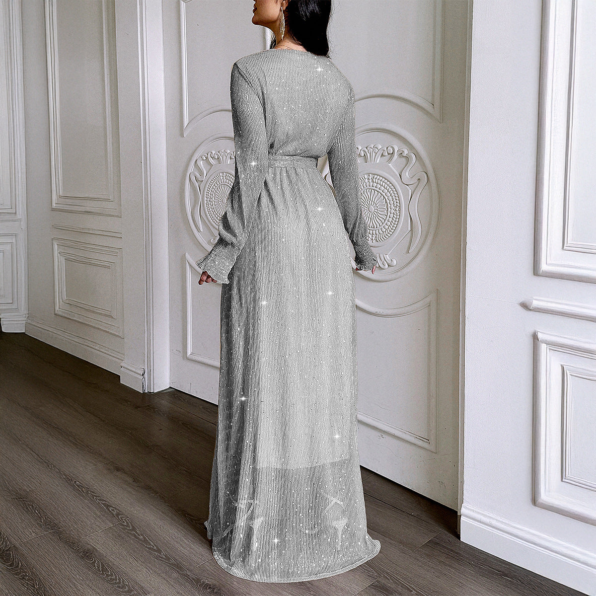 Robe Longue Femme à Sequins Brillants & Manches Bouffantes