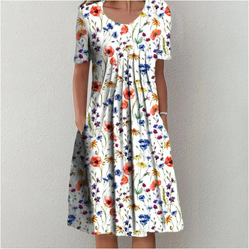 Marine - Robe Fleurie Décontractée Femme – Blanc-rouge