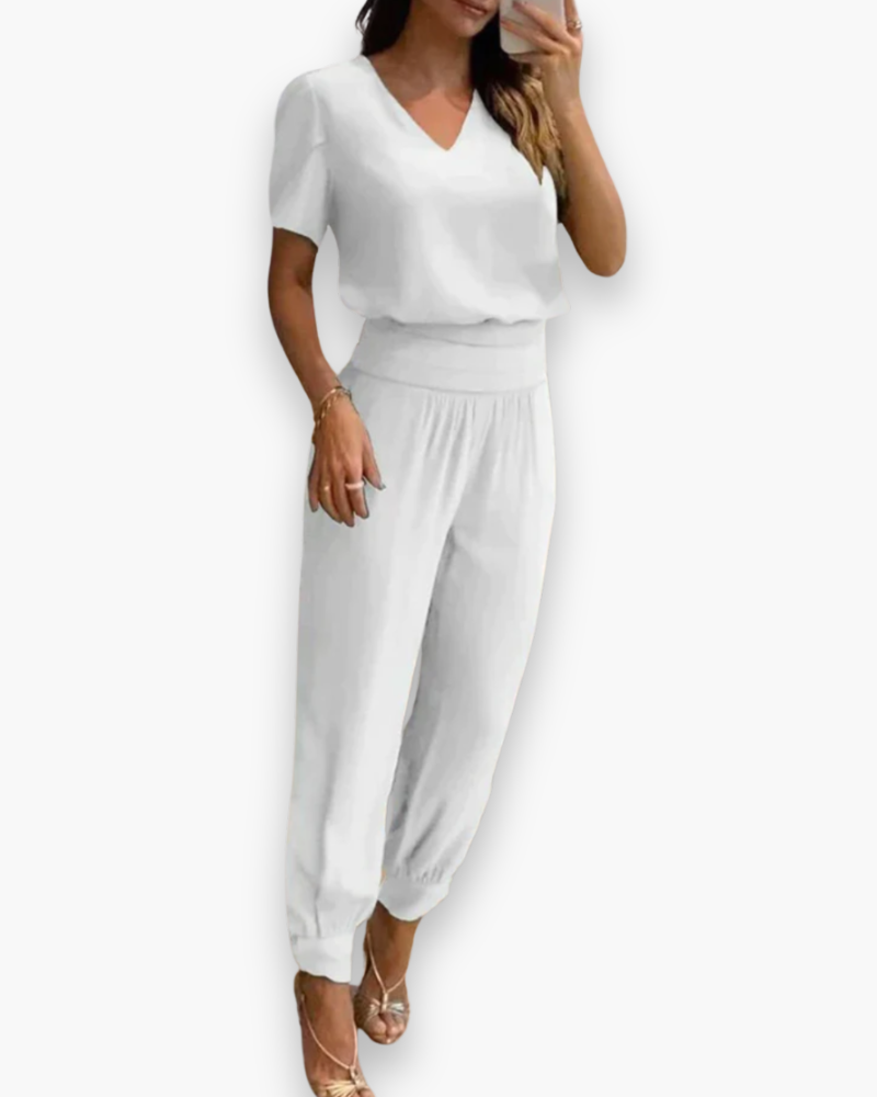 Combinaison Ajustée Col V Pour Femme | Élégante Et Moderne – Blanc