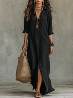 Robe-chemise longue style bohème pour femme - Karen – Noir