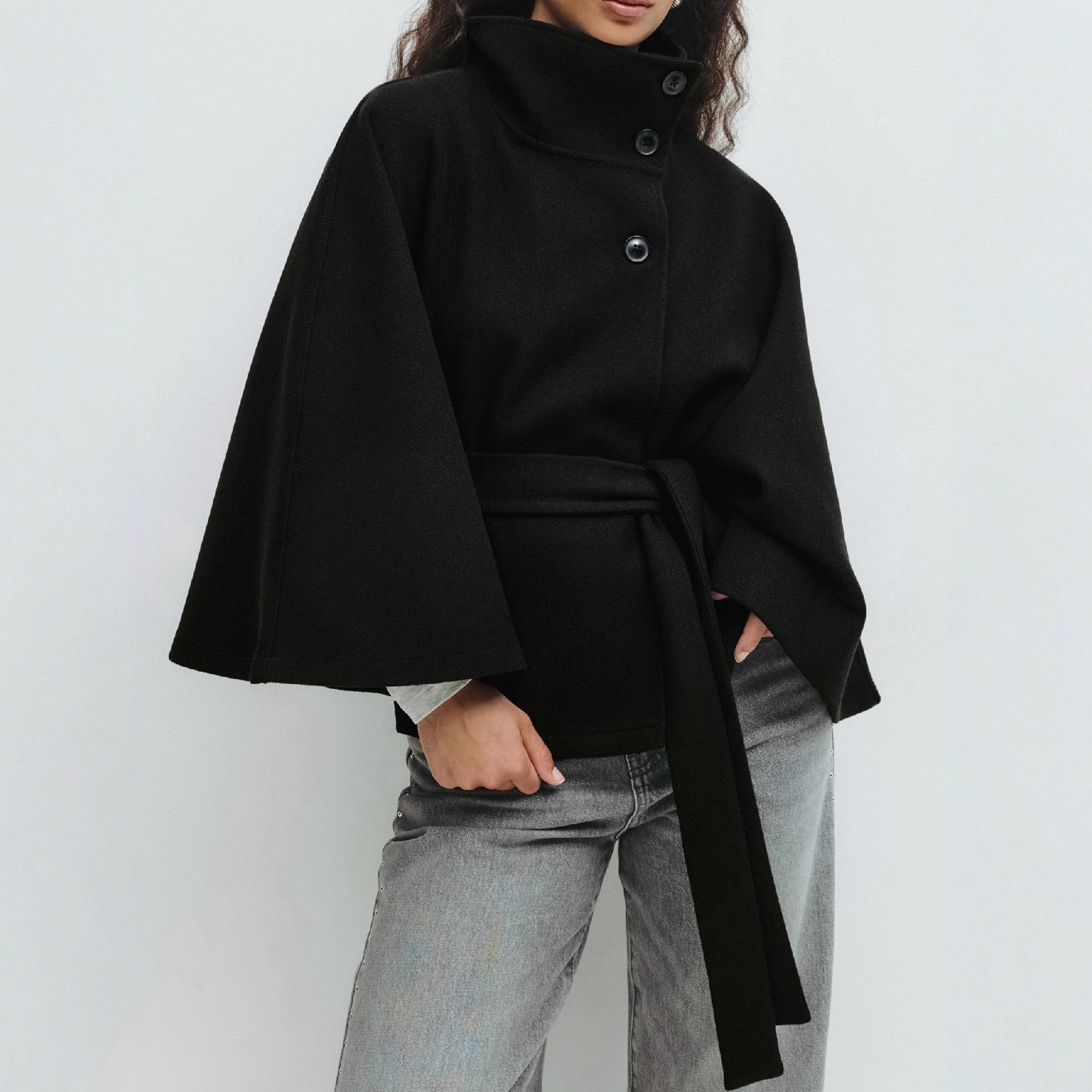 Manteau Cape à Col Montant Ceinture Coat