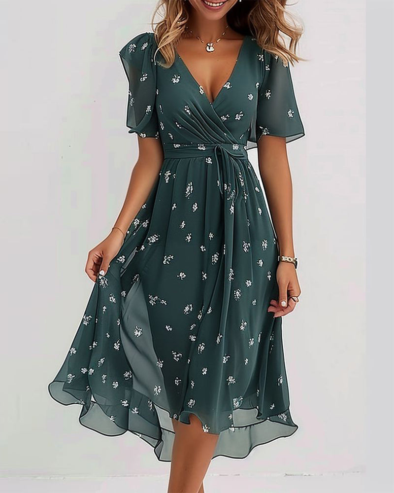 Sophie - Robe Mousseline Fleurie Col V Élégante – Vert
