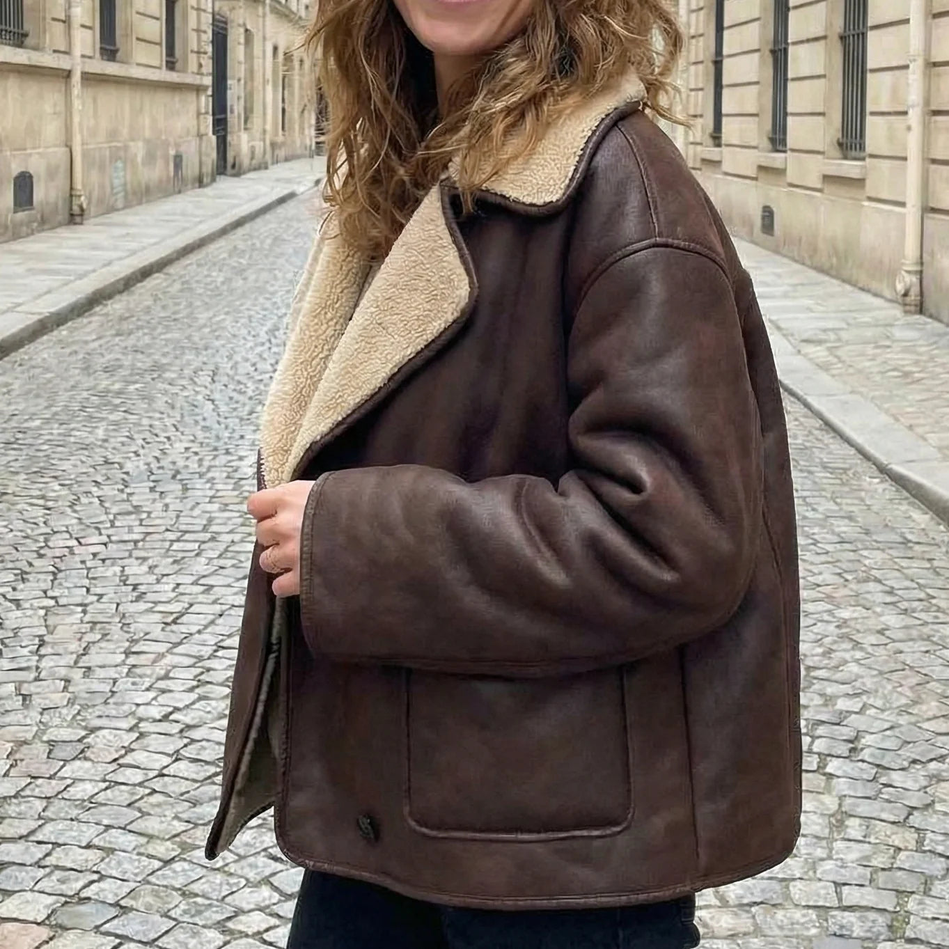 Veste Oversize à Col Réversible en Fausse Fourrure
