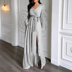 Robe Longue Femme à Sequins Brillants & Manches Bouffantes