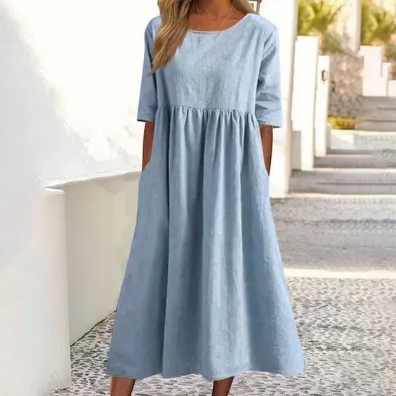 Claire - Robe Mi-Longue Lin Décontractée Femme – Blanc