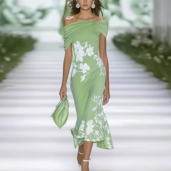 Noémie - Robe Midi Femme Fleurie Épaules Dénudées – Vert