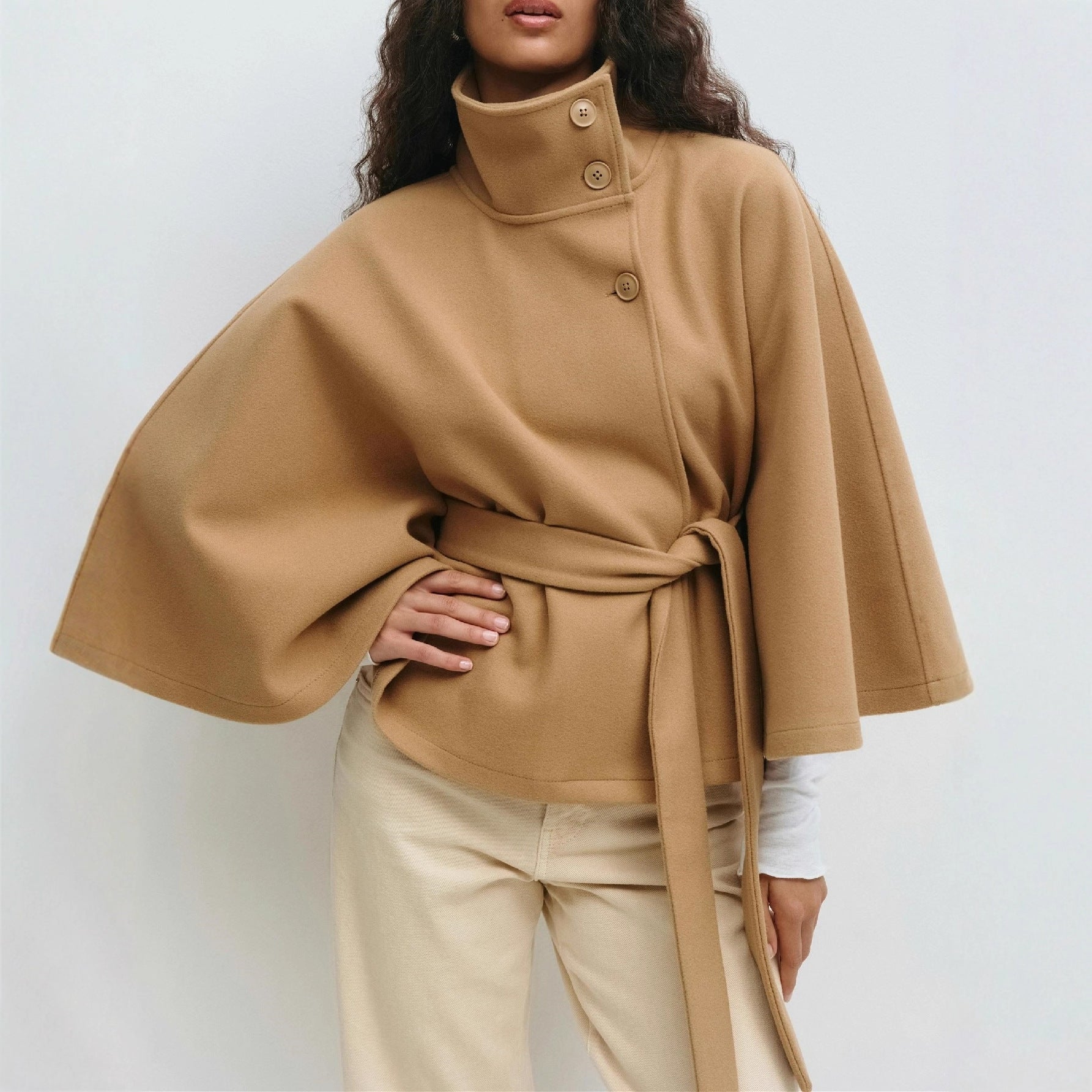 Manteau Cape à Col Montant Ceinture Coat