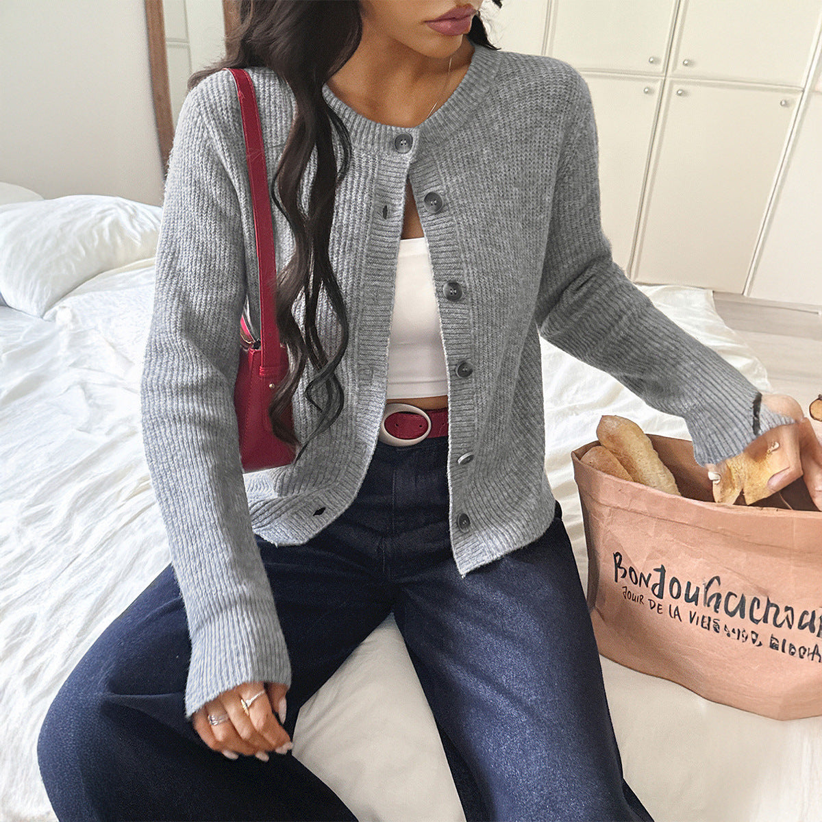 Cardigan Femme Côtelé Boutonné