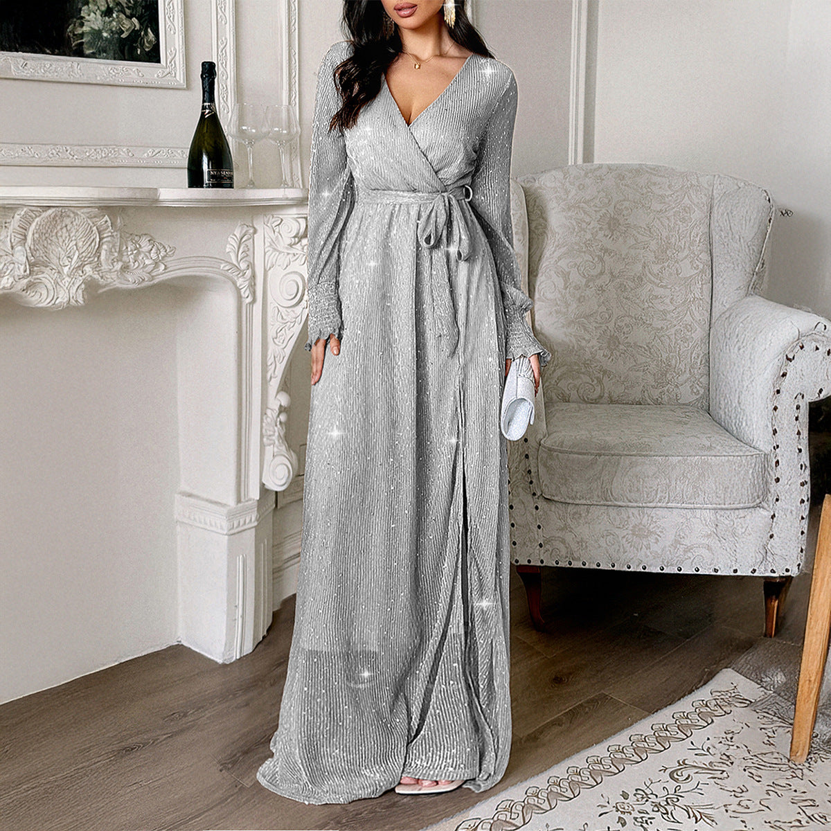 Robe Longue Femme à Sequins Brillants & Manches Bouffantes