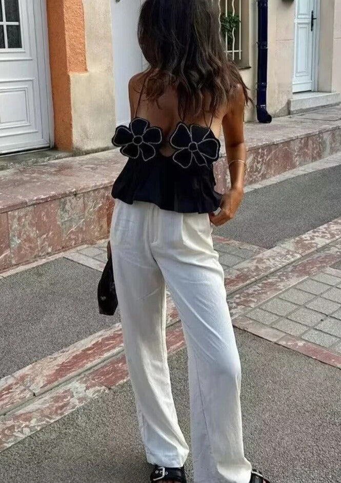 Camille | Top Court à Fleurs Noir Tendance Été Élégant