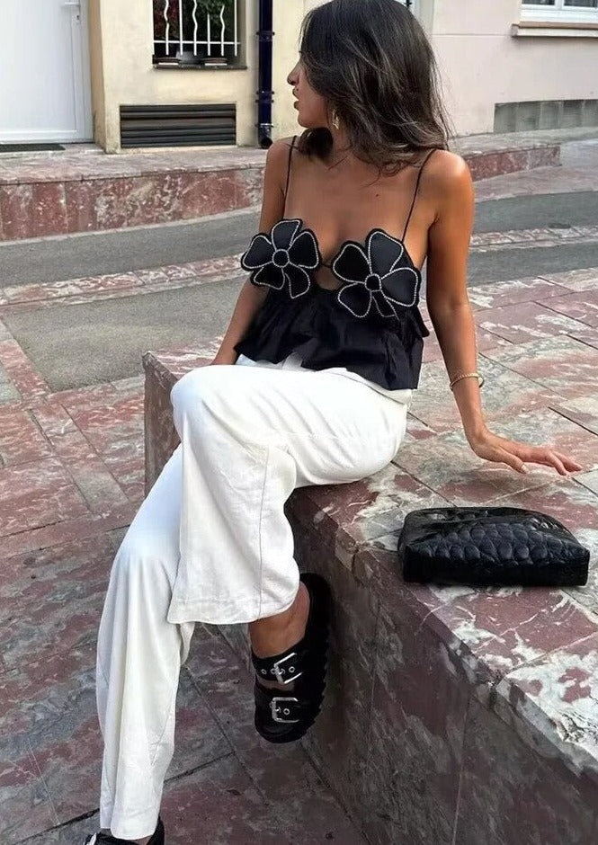 Camille | Top Court à Fleurs Noir Tendance Été Élégant