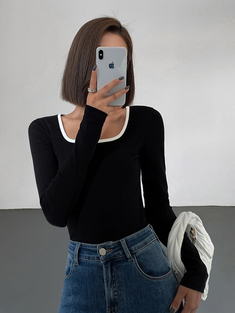 Camille | Haut à Encolure Carrée Détails Contrastés Chic