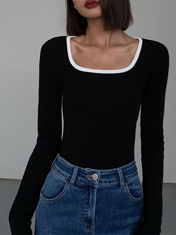 Camille | Haut à Encolure Carrée Détails Contrastés Chic