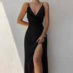 Caroline - Robe Longue Satin Fendue Sexy Femme – Noir