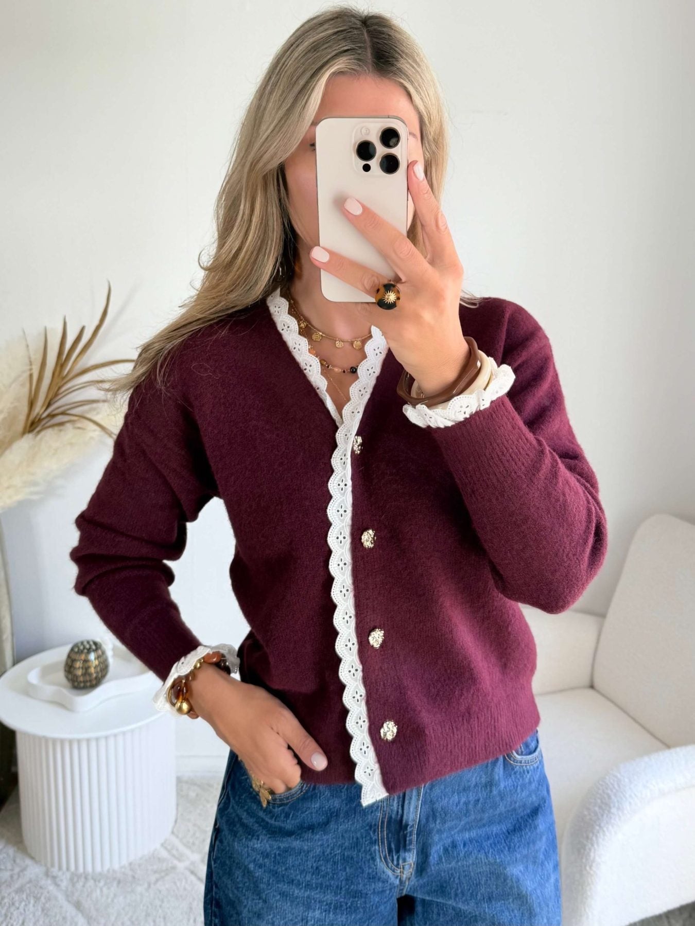 Cardigan bordeaux détail dentelle