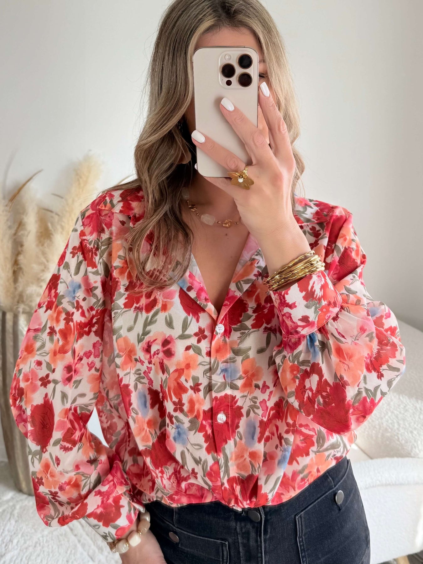 Chemise ample fleurie corail - Flora