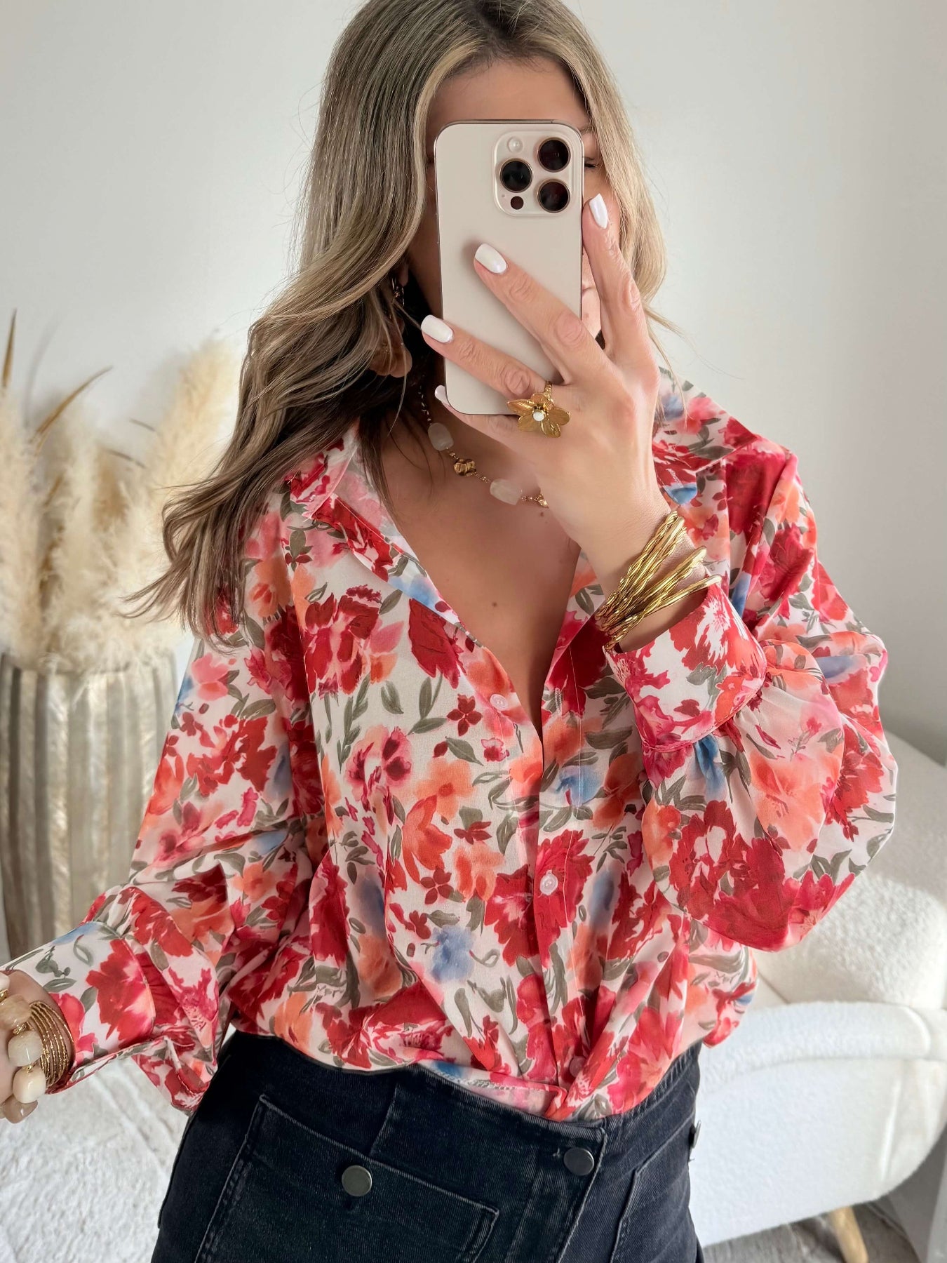 Chemise ample fleurie corail - Flora
