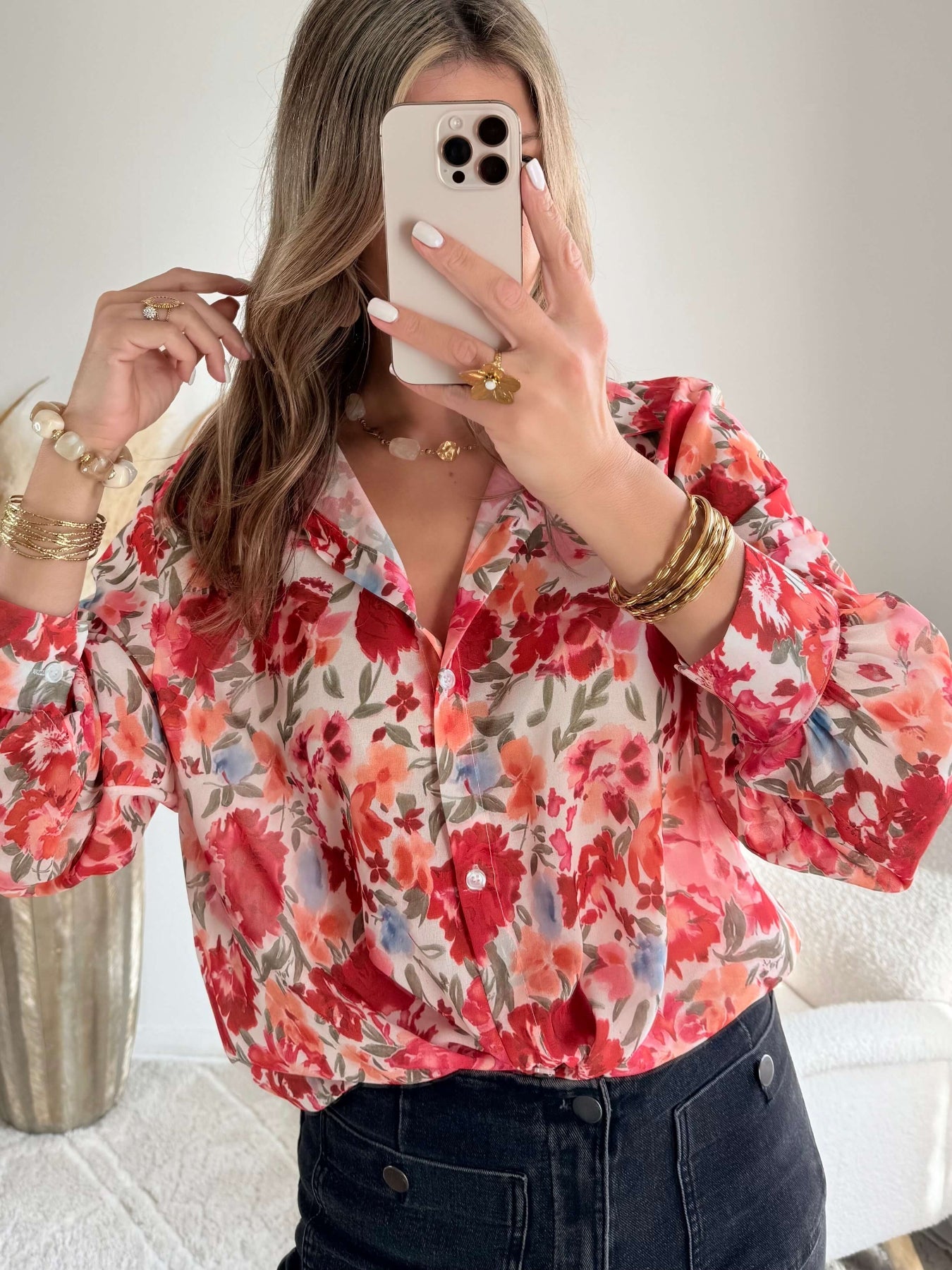 Chemise ample fleurie corail - Flora