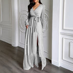 Robe Longue Femme à Sequins Brillants & Manches Bouffantes