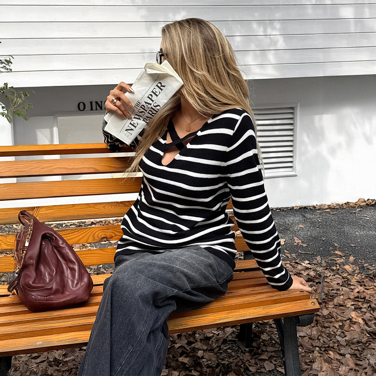 Pull Col V à Rayures & Bretelles Croisées