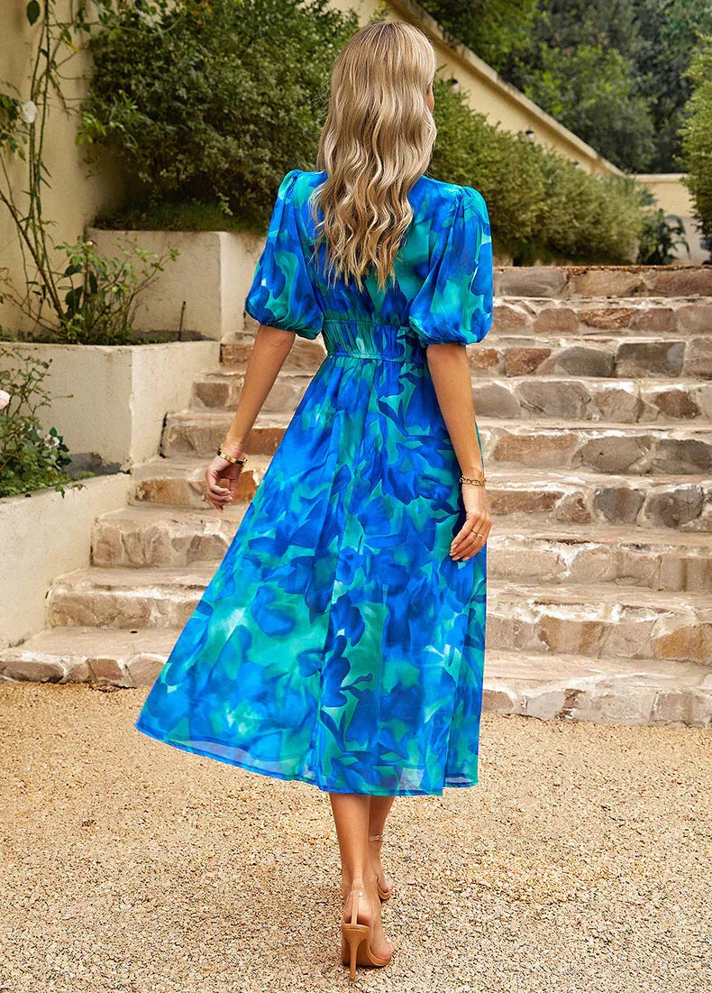 Claire | Robe Midi Fluide Imprimé Floral Tendance Élégant
