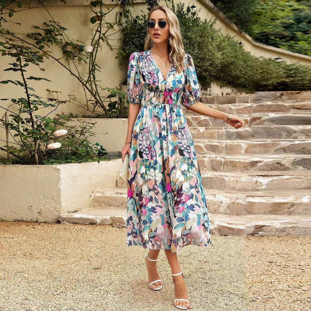 Claire | Robe Midi Fluide Imprimé Floral Tendance Élégant