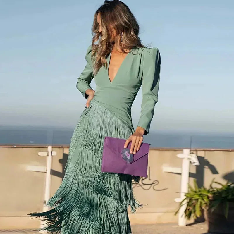 Camille | Robe Maxi Détail Frange Tendance Élégant