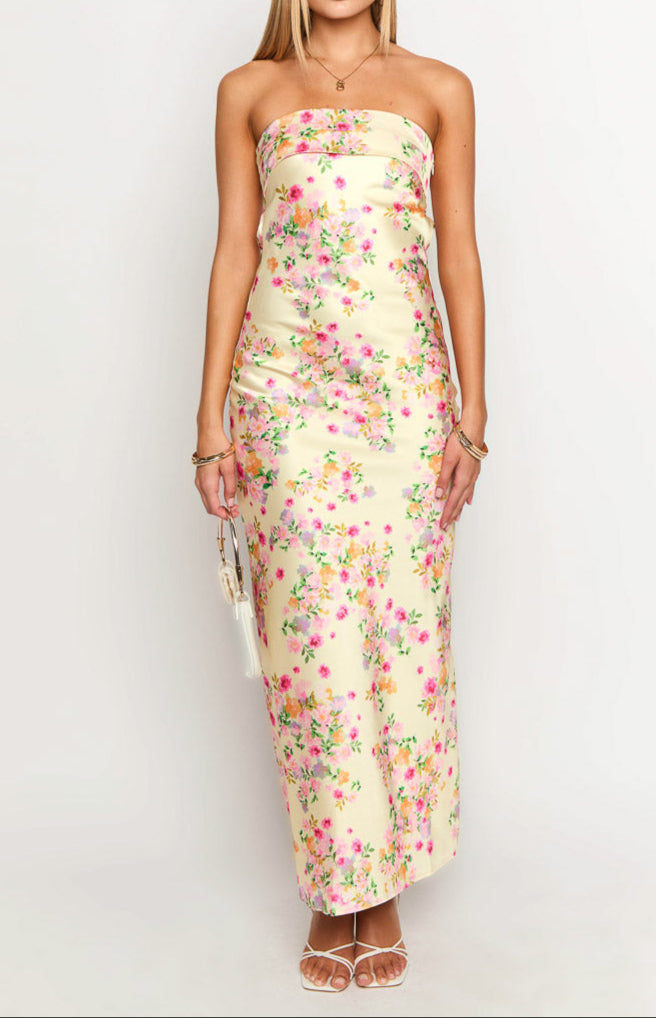 Élodie | Robe Maxi Jaune Fleurie Tendance Été Élégant