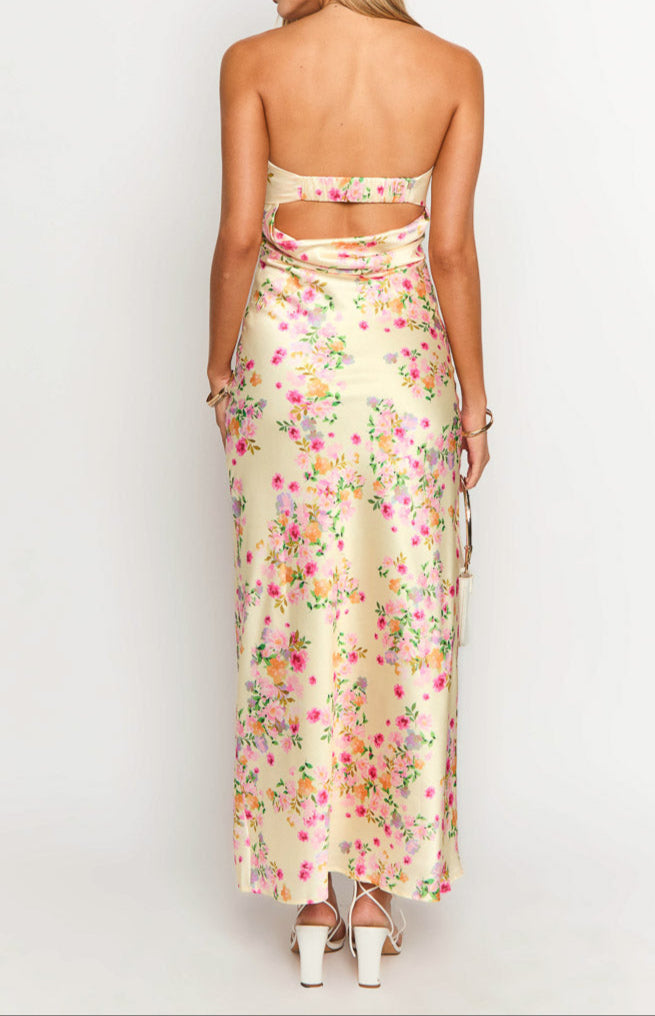 Élodie | Robe Maxi Jaune Fleurie Tendance Été Élégant