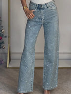Jeans Droits Taille Haute Tendance en Diamanté
