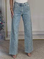 Jeans Droits Taille Haute Tendance en Diamanté